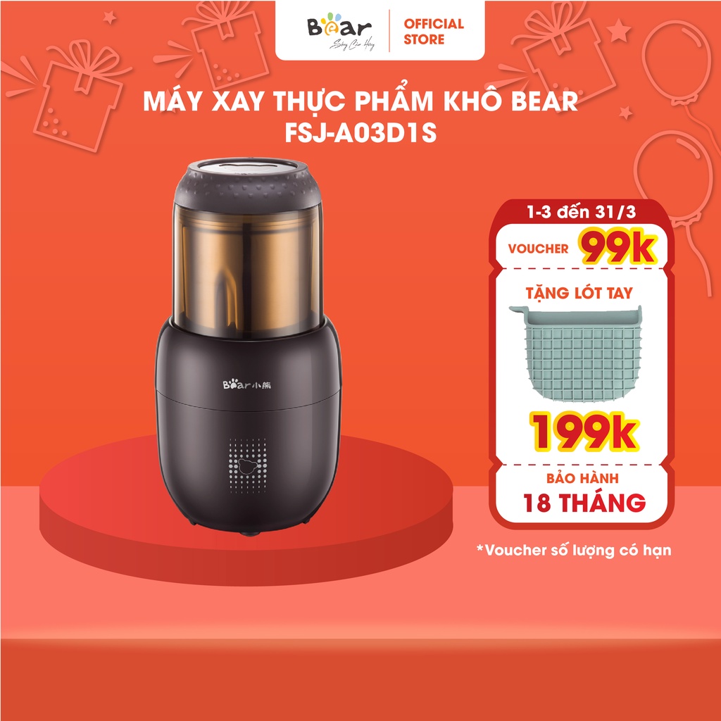 [ Tặng quà 199k] Máy Xay Bột Khô Bear FSJ-A03D1S - Nghiền ngũ cốc, thuốc bắc siêu mịn - Bảo hành 18 tháng