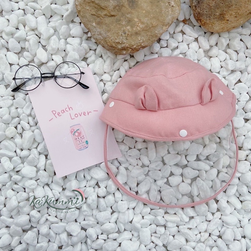 Mũ nón vành tròn linen cho bé trai gái, mũ nón trẻ em kèm tấm chắn phòng dịch tháo rời.