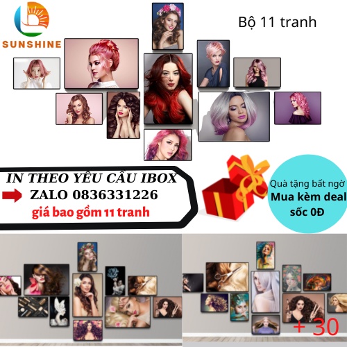 Tranh ảnh trang trí salon treo tường cắt tóc mẫu nữ khung tranh làm tóc nam Bộ 11 tranh Sunshine