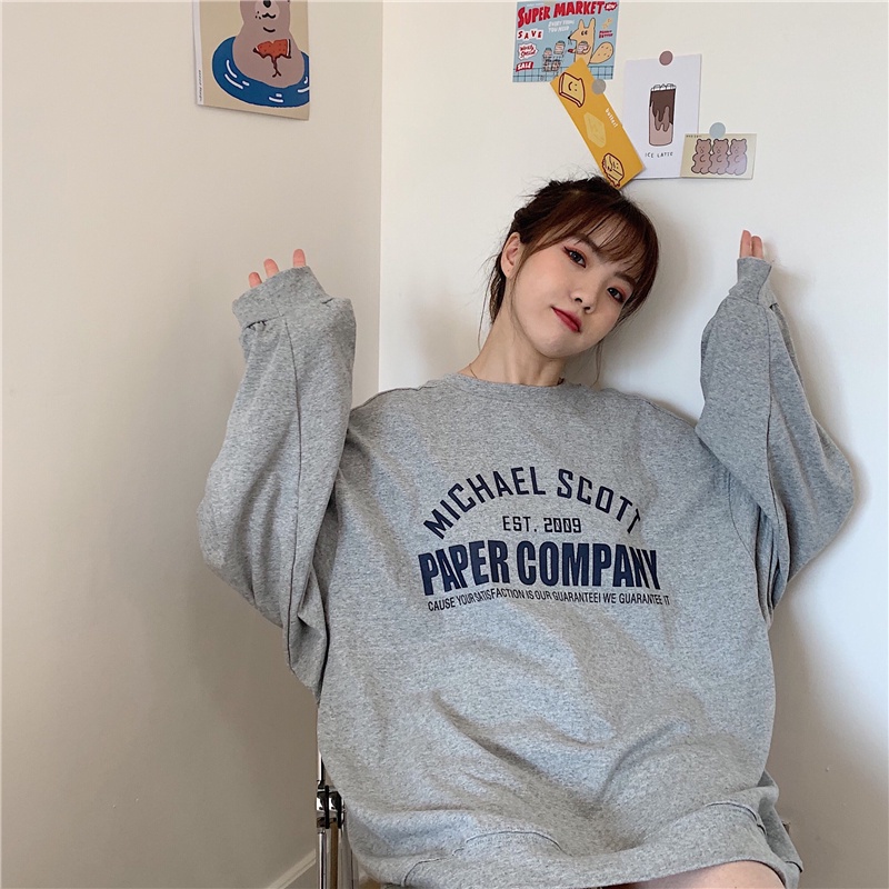 SUXI Áo sweater tay dài cổ tròn dáng rộng in chữ phong cách mùa thu cho nữ