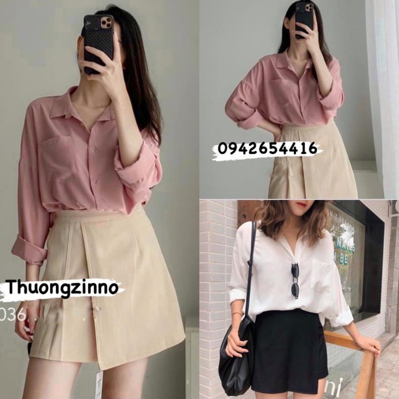 [lnbox với Shop] [Ảnh thật/Video] ÁO SƠ MI CỔ POLO LỤA TĂM VẢI ĐẸP DÀI TAY DÁNG SUÔNG RỘNG BASIC HÀN QUỐC