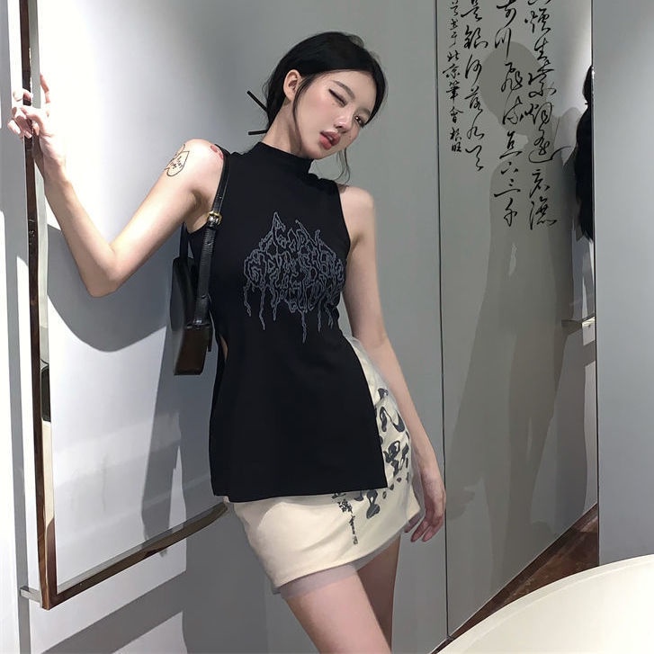 Set Áo Cổ Cao + Quần Dài Thời Trang Cho Nữ Y2K Áo vest Bất thường mở ngã ba