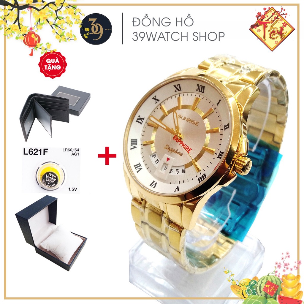 [Tặng ví da nam] Đồng hồ Sunrise nam SR26 NAMT màu vàng, mặt trắng, thiết kế sang trọng, bảo hành 12 tháng