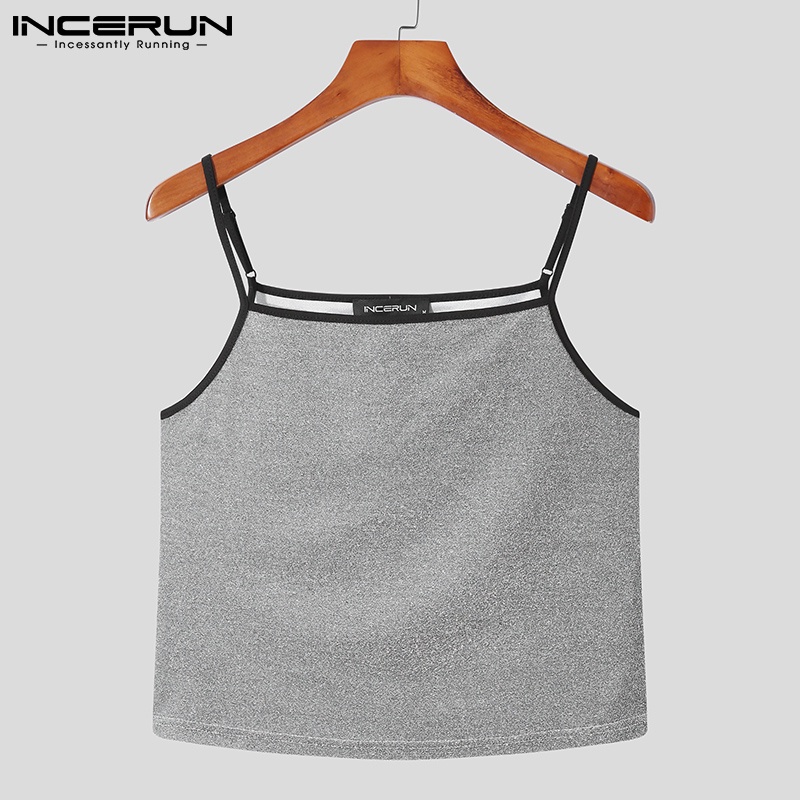 Áo kiểu INCERUN hai dây ôm dáng vừa vặn họa tiết kim sa/ kẻ sọc thời trang mùa hè dành cho nam