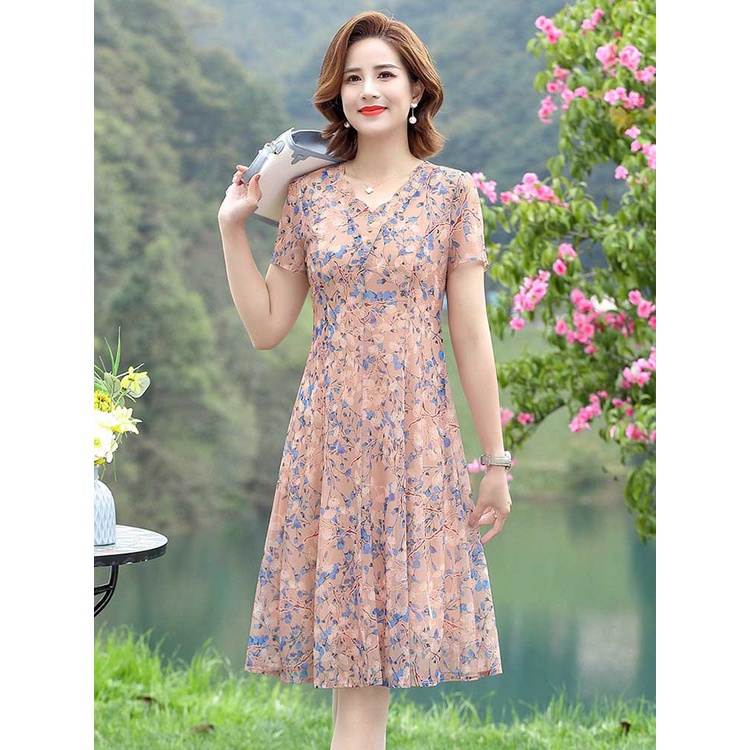 Đầm Chiffon In Hoa Thời Trang Mùa Hè Cho Phụ Nữ Trung Niên 40-50 Tuổi