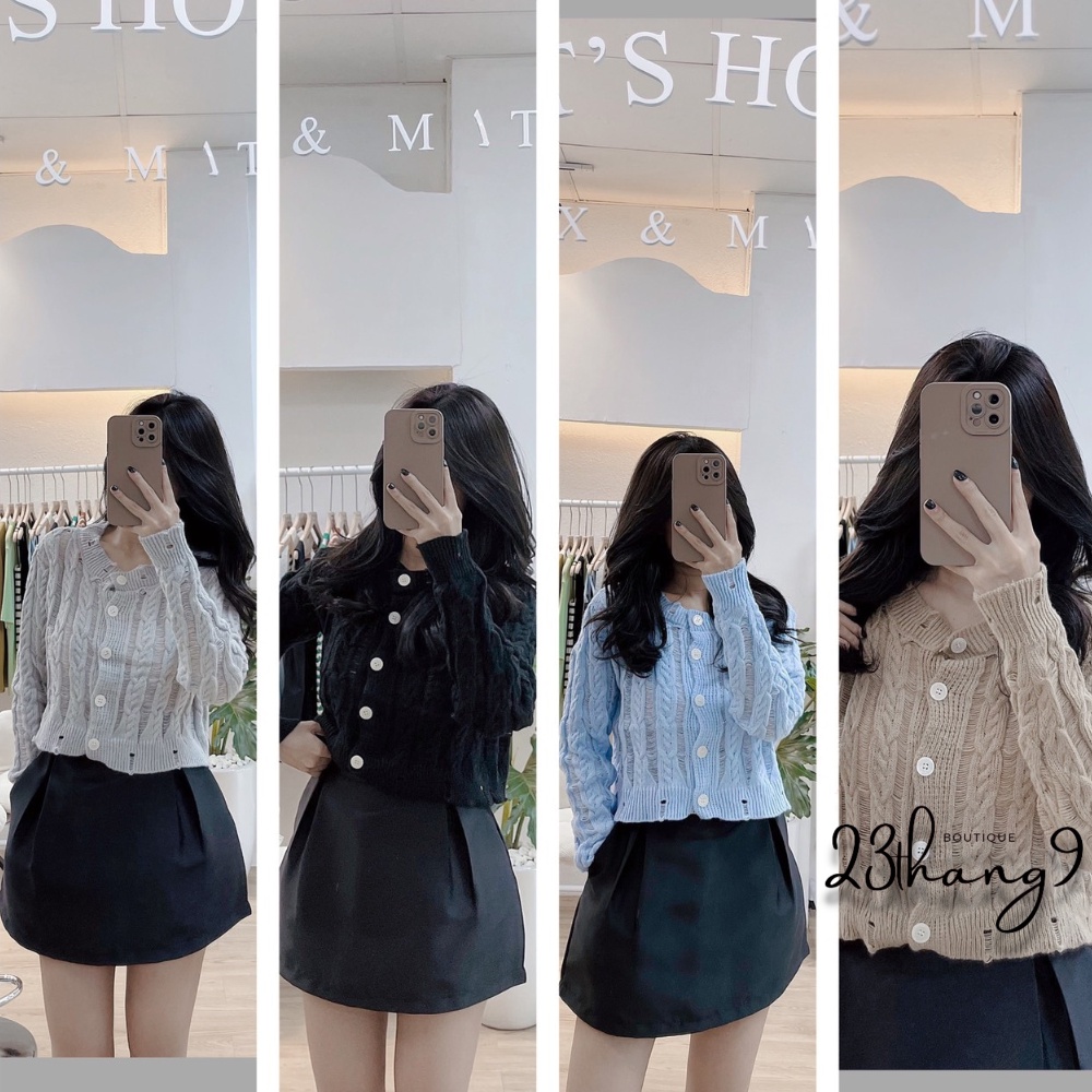 Áo len nữ áo khoác len nữ dài tay cổ tròn khuy trước cardigan màu đen màu trắng phong cách hàn quốc ulzzang 23thang9