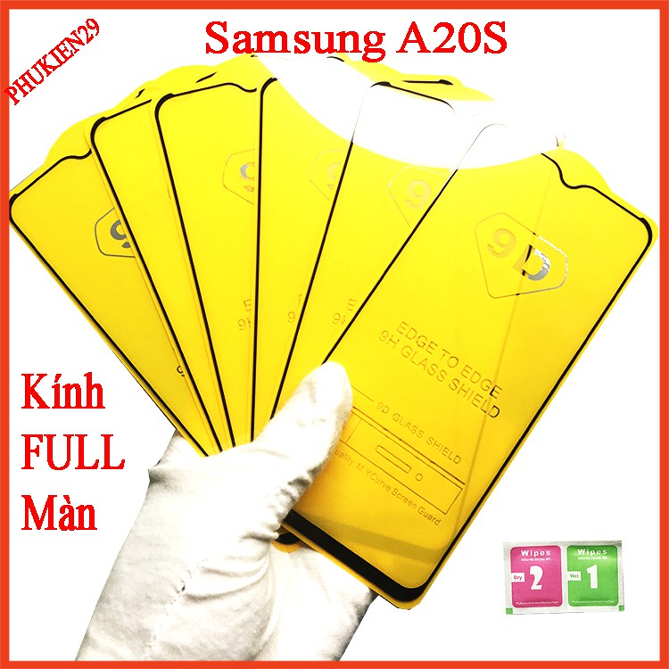 Kính cường lực Samsung A20S  full màn hình, Ảnh thực shop tự chụp, tặng kèm bộ giấy lau kính taiyoshop5