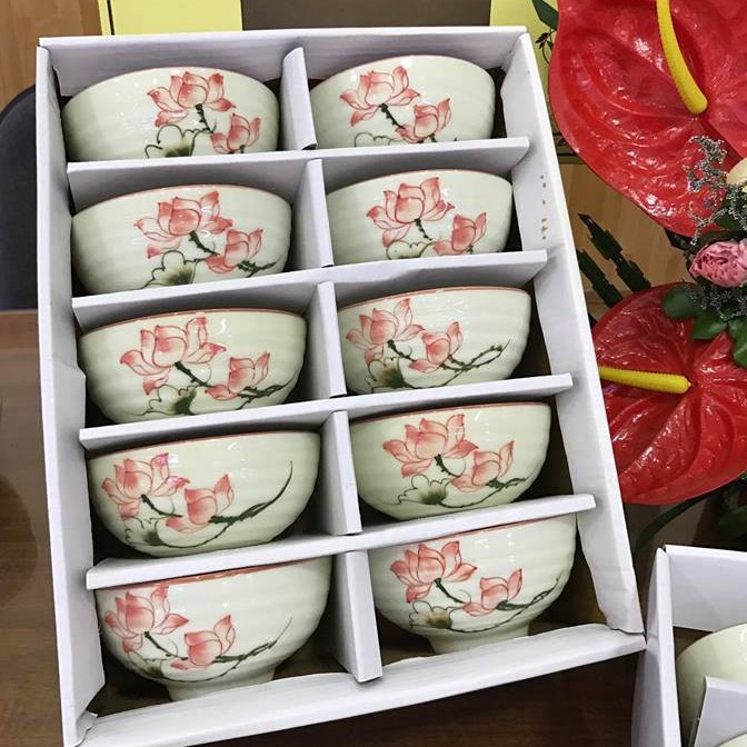 Bộ 10 bát cơm men kem vẽ hoa sen hồng | Chuẩn Bát Tràng, có thể cho vào lò vi sóng