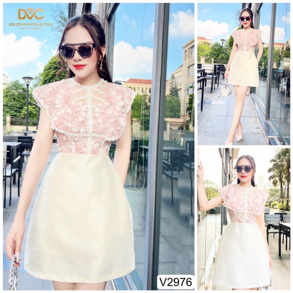 V2976 Váy liền áo ren chân váy tafta dáng A ngắn sang chảnh -  Dolce viva colection