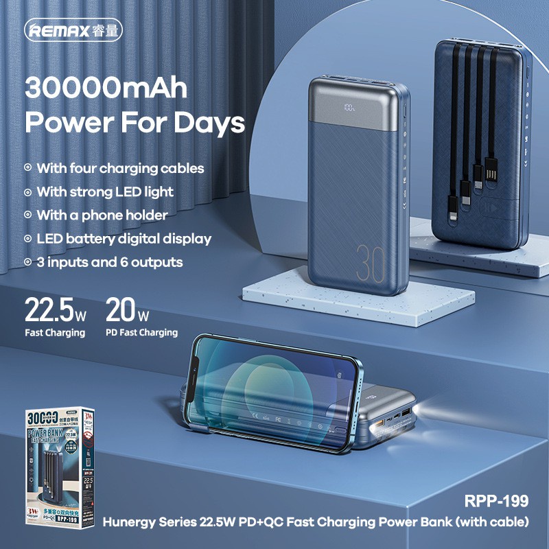 Pin Sạc Dự Phòng Remax RPP-200 50.000mAh QC22.5W PD20W, 3 Inputs 6 Outputs. RPP-199 30.000mAh sạc cực nhanh