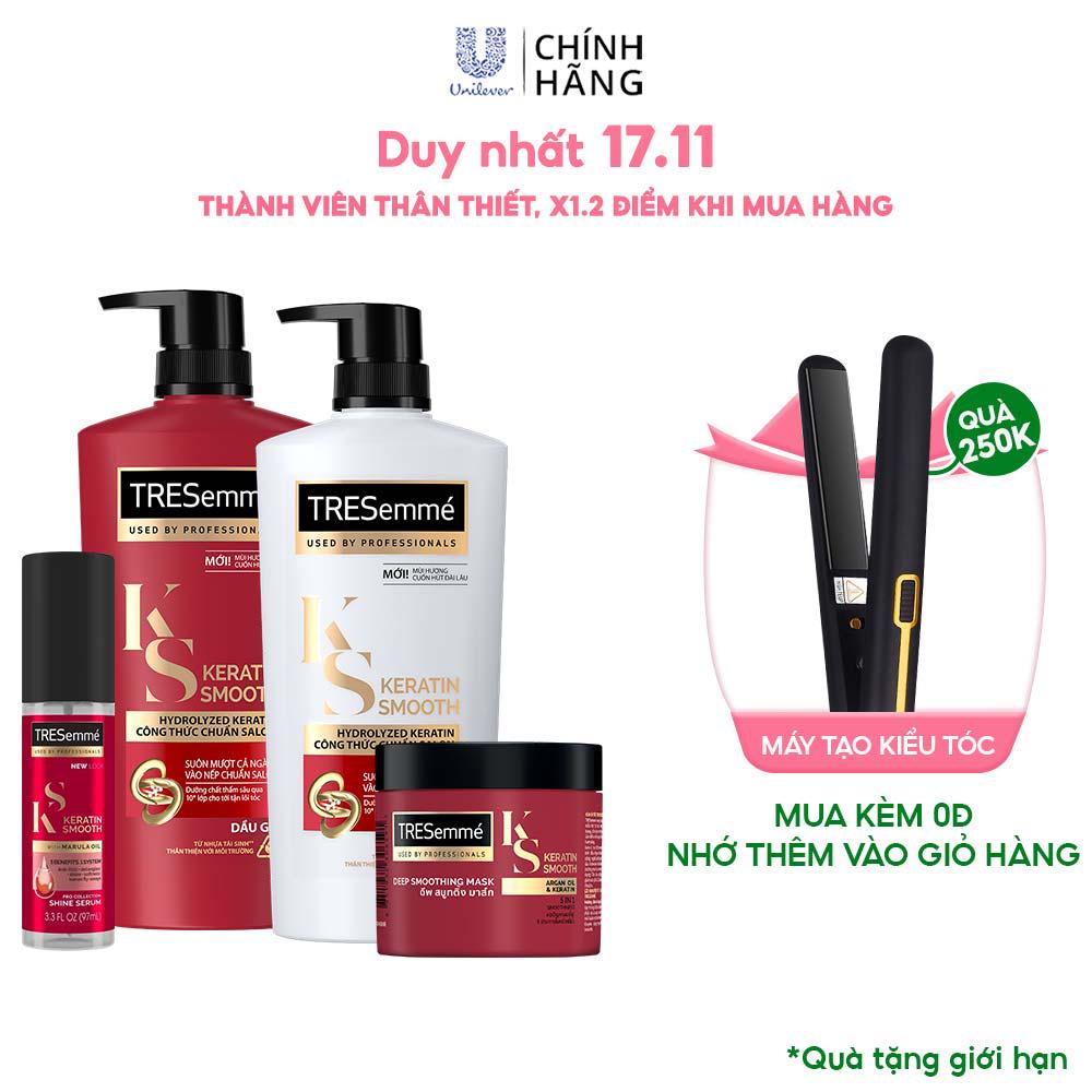 Combo Dầu Gội 640g+Dầu Xả 620g+Kem Ủ 180ML + Serum Dưỡng Tóc 97ML TRESemmé Vào Nếp Suôn Mượt Chuẩn Salon Keratin Smooth