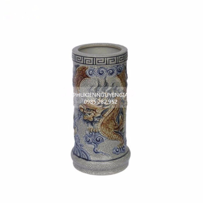 Ống hương sứ Bát Tràng Rồng nổi - men rạn cổ - cao 19 cm - đường kính 8 cm