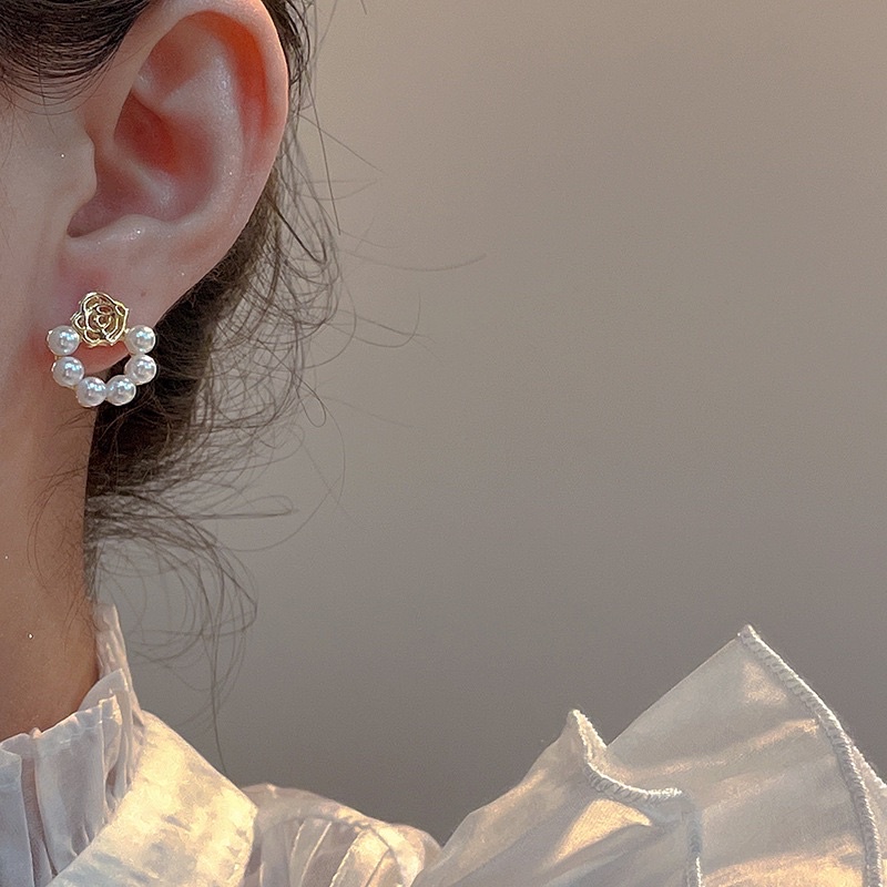 Bông tai Khuyên tai nữ ROSE hoa trà đính ngọc