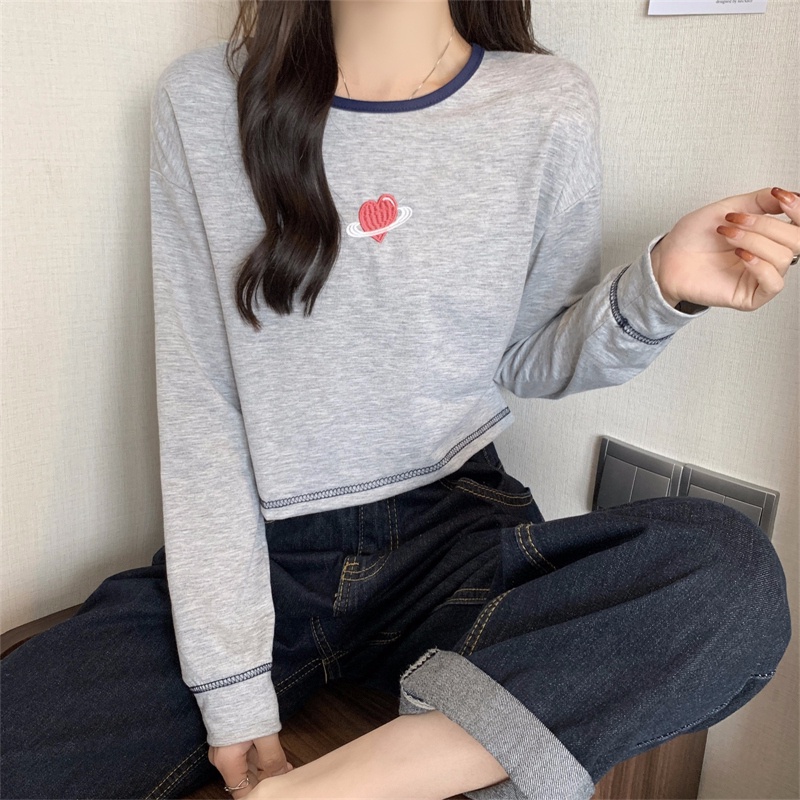 【ZHELIHANGFEI】Áo Thun Tay Dài Lưng Cao Họa Tiết Thêu Theo Phong Cách Preppy