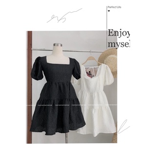 Đầm BBD nữ tầng xoè tay ngắn phồng cột nơ và lưng bo chun sau màu trắng và đen freesize Pumi