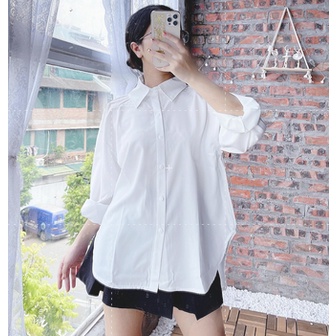 Áo sơ mi trắng nữ form rộng H&T vạt đuôi tôm, Sơ mi kiểu nữ dài tay form rộng | BigBuy360 - bigbuy360.vn