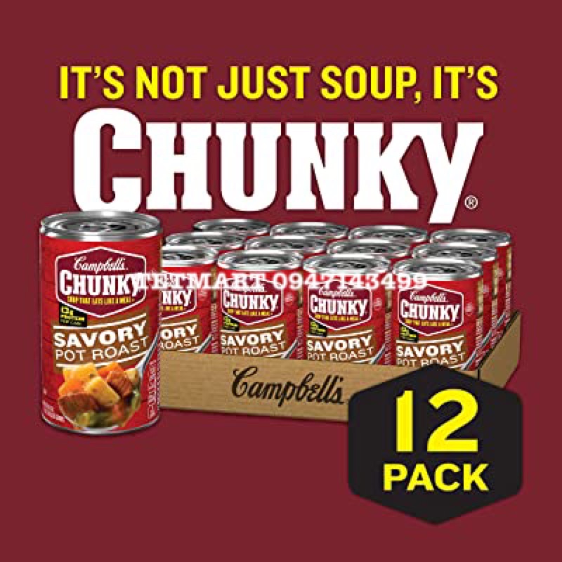 Súp thịt bò hầm rau củ quả healthy size to 533g, NK Mỹ, hãng Campbells Chunky, Savory Pot Roast, 13g protein và ít béo