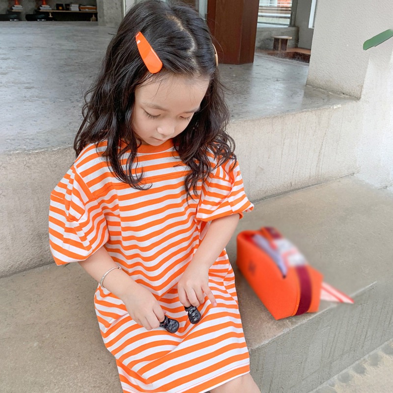 Đầm Thun Tay Ngắn Cổ Tròn Họa Tiết Kẻ Sọc Thời Trang Hàn Quốc Cho Bé Gái