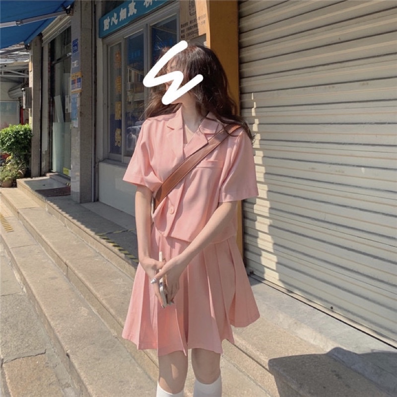 Set đồ Áo Vest Blazer + Chân váy ngắn xếp ly Màu Be Áo Vest Blazer 2 cúc ngắn tay form rộng Ulzzang Thời trang | BigBuy360 - bigbuy360.vn