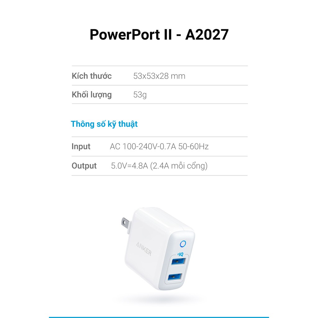 【Xác thực】 Sạc ANKER PowerPort II 2 cổng PIQ 24w - A2027