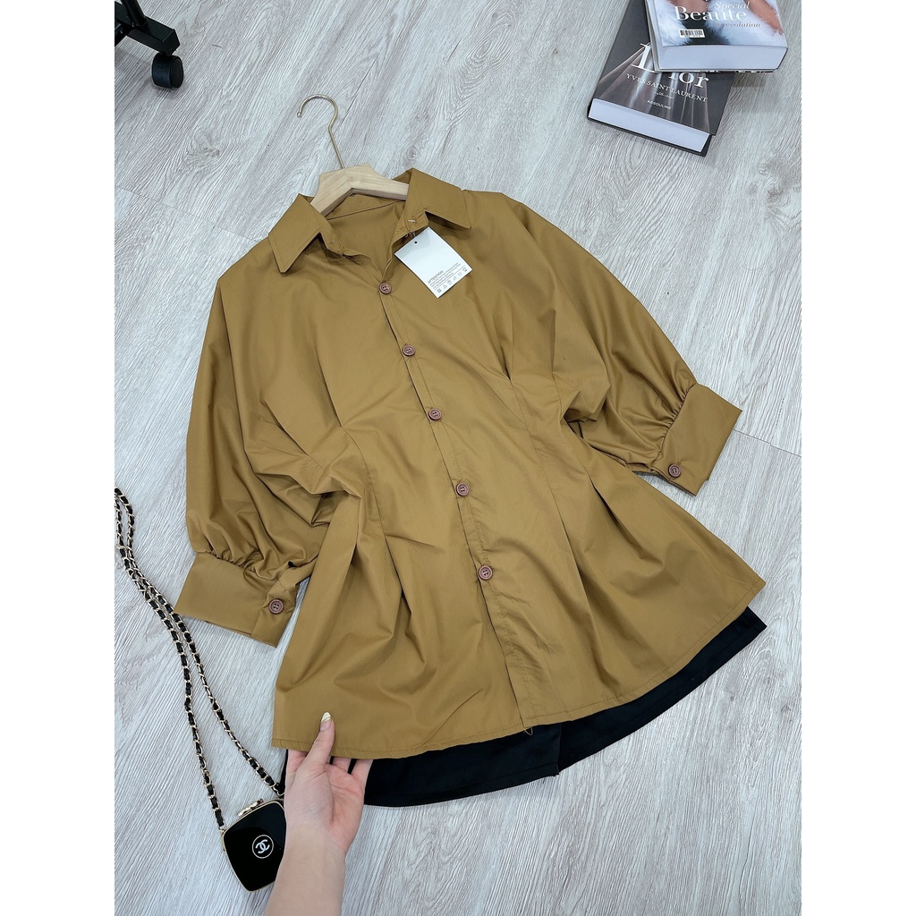 Set áo sơ mi nâu nhún eo kèm quần
