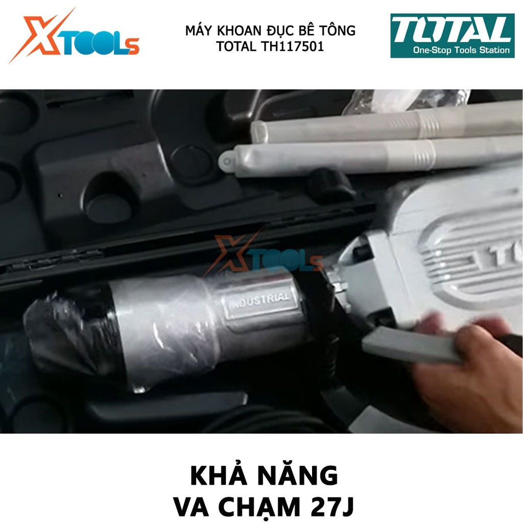 Máy khoan búa cầm tay 1700w Total TH117501 chức năng đục và búa, tốc độ 200-340rpm; tốc độ đập 1150-1850bpm; lực đập 27j