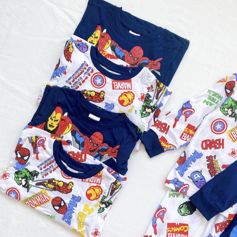 Set 2 bộ cotton dài tay cho bé trai hoạ tiết marvel tím than trắng cho bé từ 10-24 cân