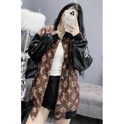 [Xả kho] Áo Khoác Bomber L.V Kaki Nỉ Mềm Phối Tay Da Unisex