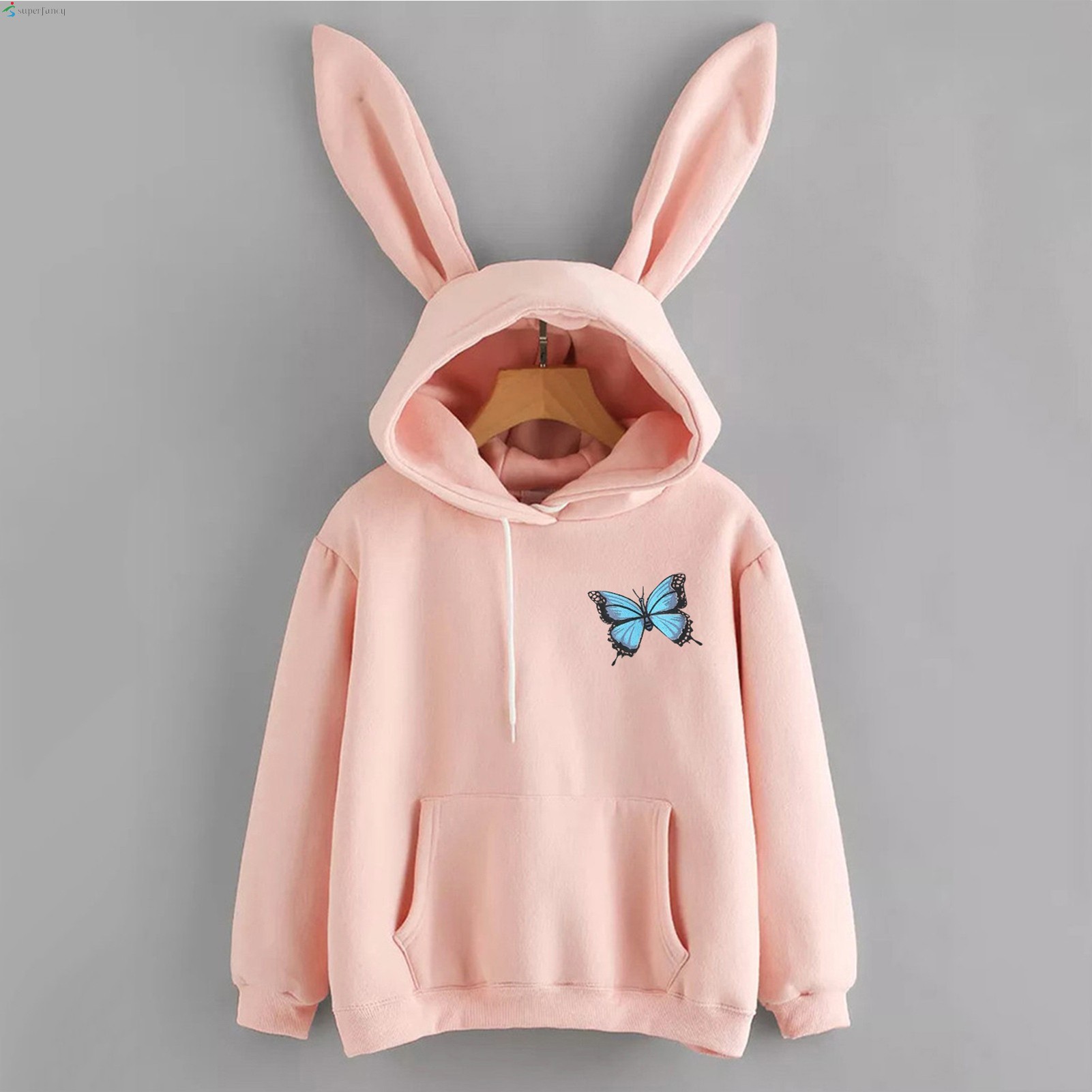 Women Long Sleeve Rabbit Hooded Sweatshirt Butterfly Print Bunny Ear Pullover Tops for Autumn Winter