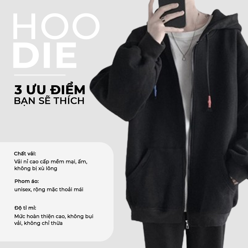 Áo Khoác Kéo Khóa Nam, Nữ Hoodie Basic Unisex Nỉ From Rộng Màu Trắng HDKK950