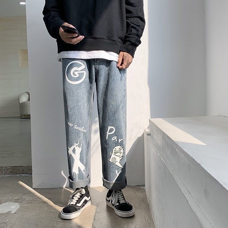 Quần Jean Ống Rộng Họa Tiết Hoạt Hình Graffiti Phong Cách Hip Hop Cá Tính Cho Nam | BigBuy360 - bigbuy360.vn