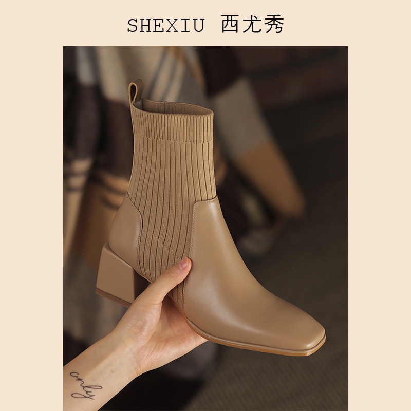 Giày Bốt Martin Gót Vuông Cao Gót 2022 Vải Dệt Kim Mỏng Thời Trang Mùa Đông Cho Nữ