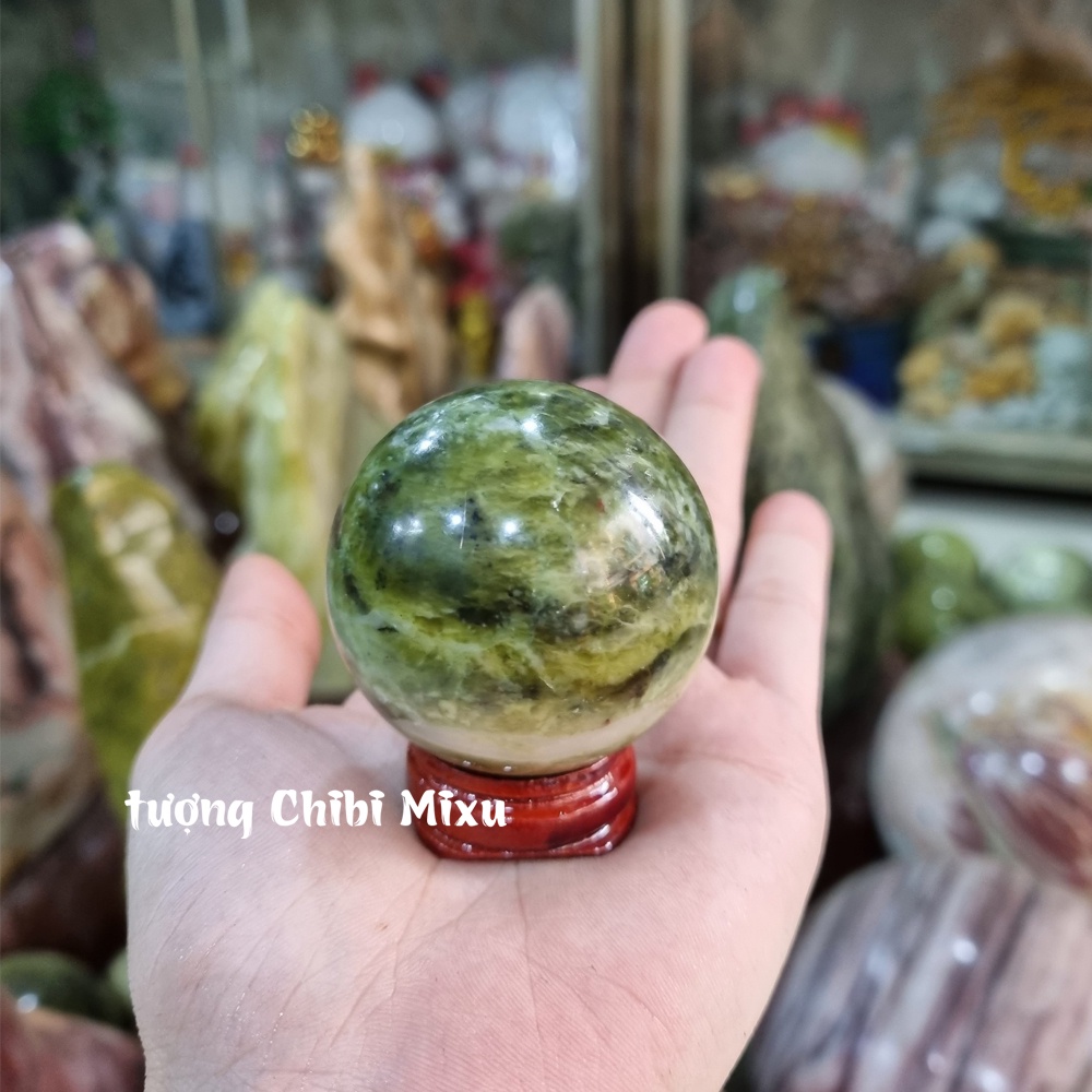 Bi cầu phong thủy đá Serpentine xanh đậm 4.5-5cm cho người mệnh Mộc và Hỏa đá Việt Nam