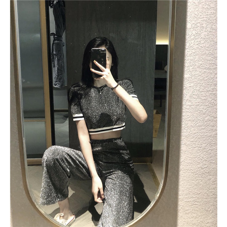 Set áo croptop tay ngắn và quần ống rộng kim sa màu đen &amp; xám H67 Hỉn Hỉn Store