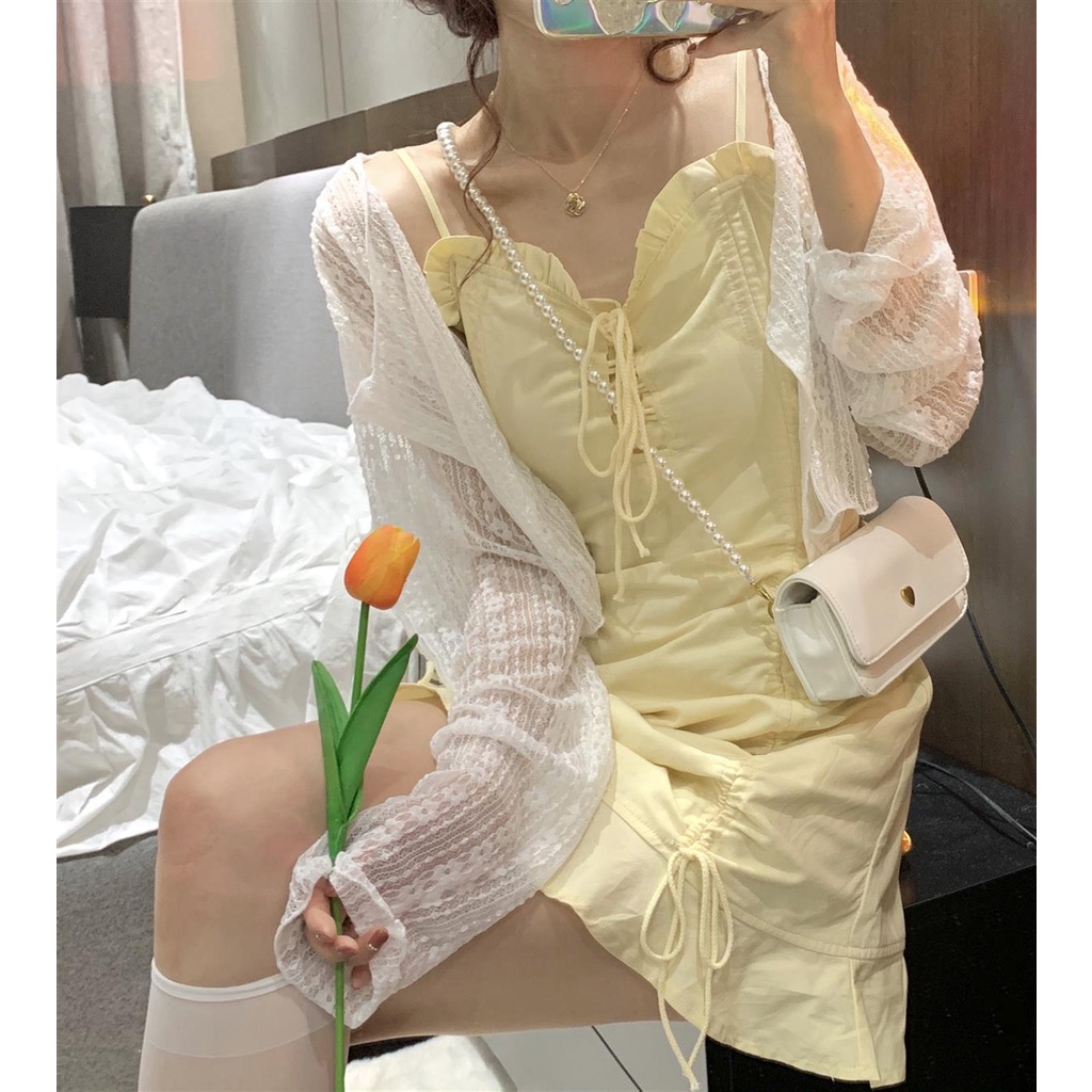 Set Áo Khoác Cardigan Tay Dài Phối Ren + Đầm Dây Rút Form Ôm Phong Cách Hàn Quốc Cho Nữ