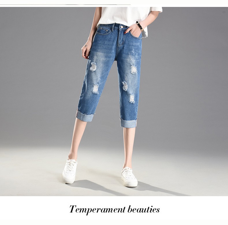 Plus Quần Jeans Lửng Phối Rách Có Size Lớn 100kg Thời Trang Dành Cho Nữ