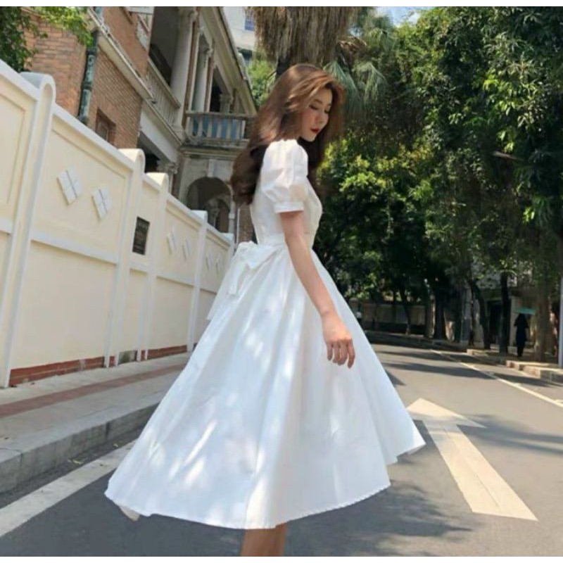 Đầm trắng tiểu thư nơ lưng_ hình thật trải sàn