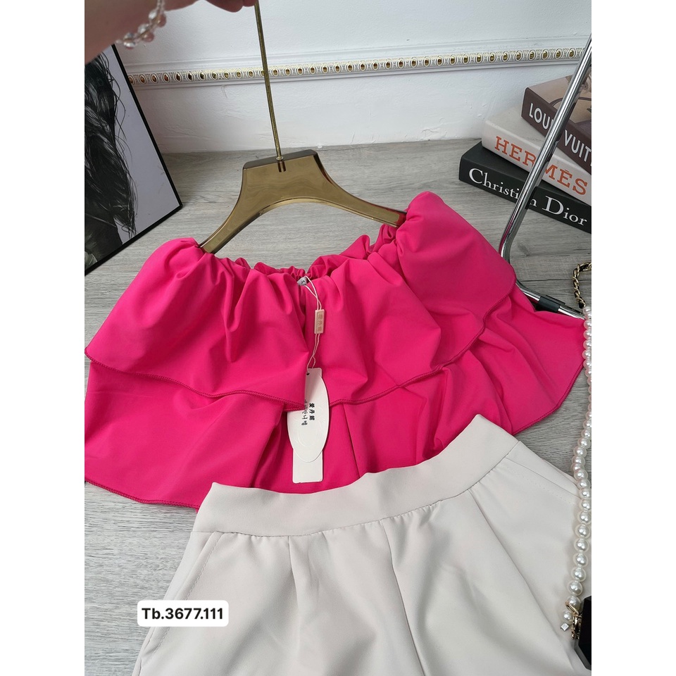 Set bánh bèo hồng trễ vai mix quần short cá tính, áo 2 tầng kèm quần short trắng, mua 1 được 2