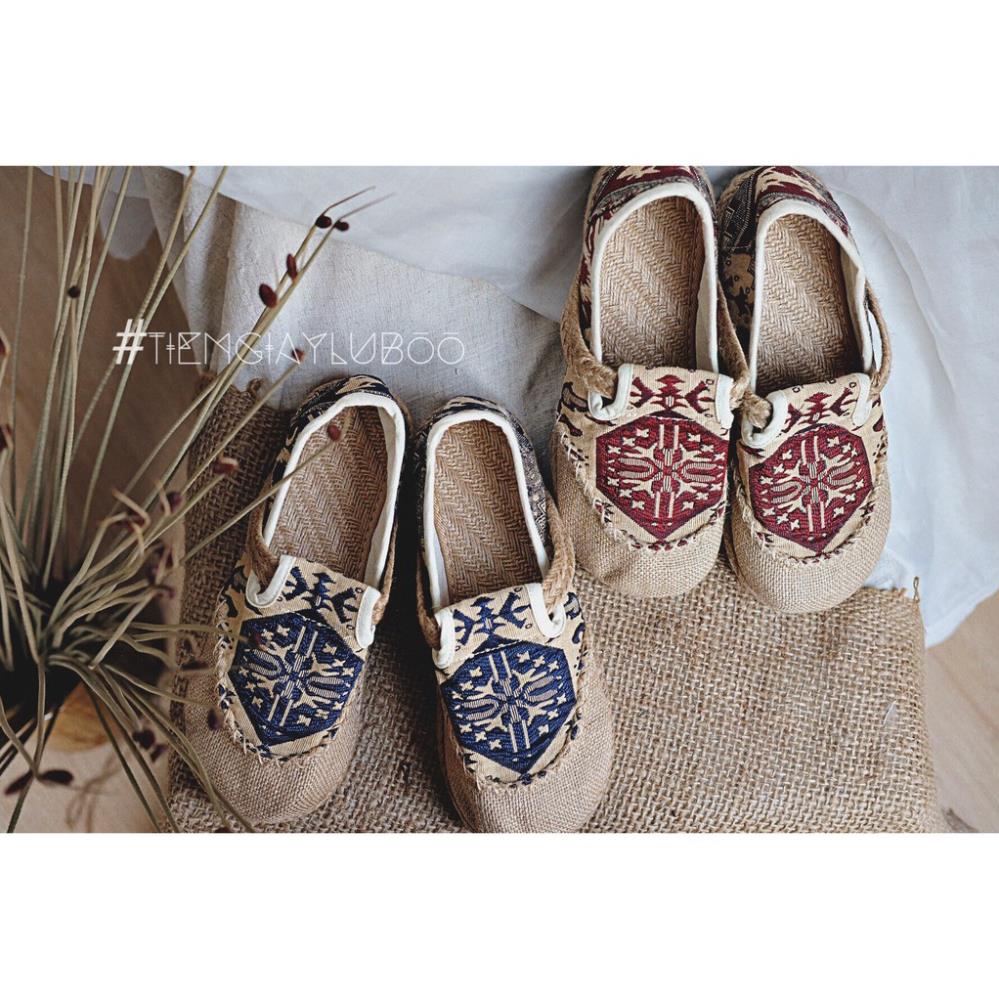 QLY Giày cói phong cách vintage vải canvas thêu hoa lá thổ cẩm đế cao su bền đẹp dễ phối đồ