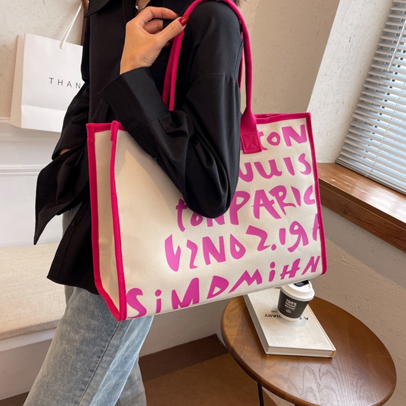 Túi Xách Đeo Vai Vải Canvas Cỡ Lớn In Chữ Tiện Lợi Cho Nữ