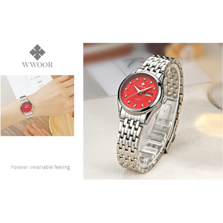 Đồng Hồ Nữ Dây Thép Không Gỉ Cao Cấp Chronograph WWOOR-F5 (Đỏ)