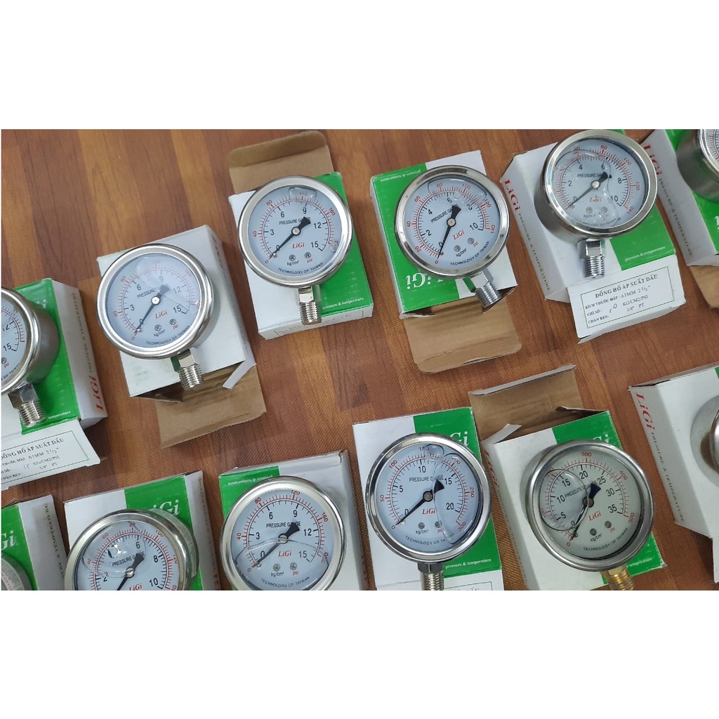 Đồng hồ áp suất loại có dầu 50kg, 100 kg/cm3 hiệu LIGI-phi 63mm