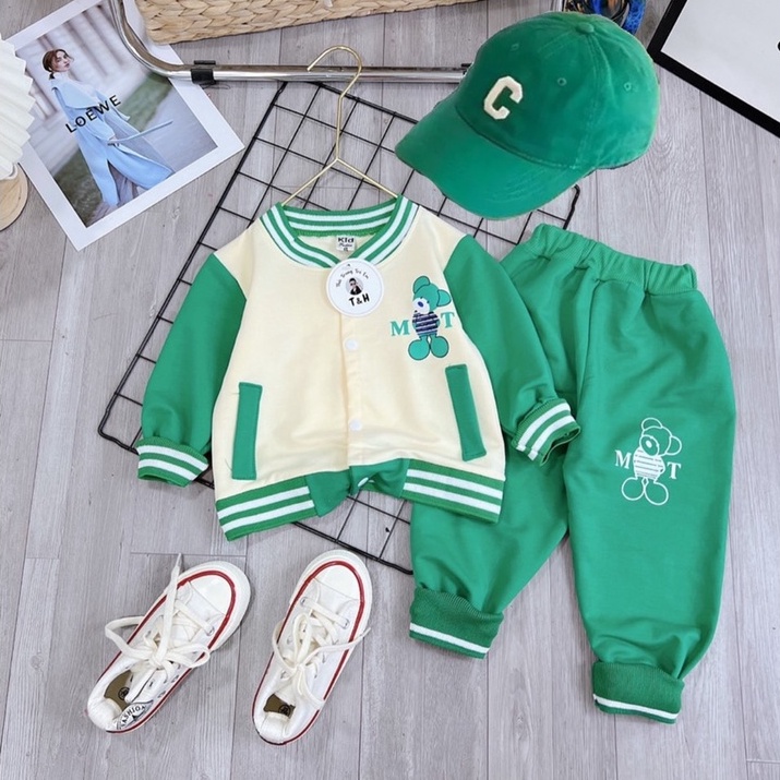 Đồ bộ bé gái, Set gấu M-T 3 chi tiết  Áo Sweater + Quần dài + Mũ lưỡi trai chất nỉ da cá cho bé từ 7-18 kg, SUN KID'S