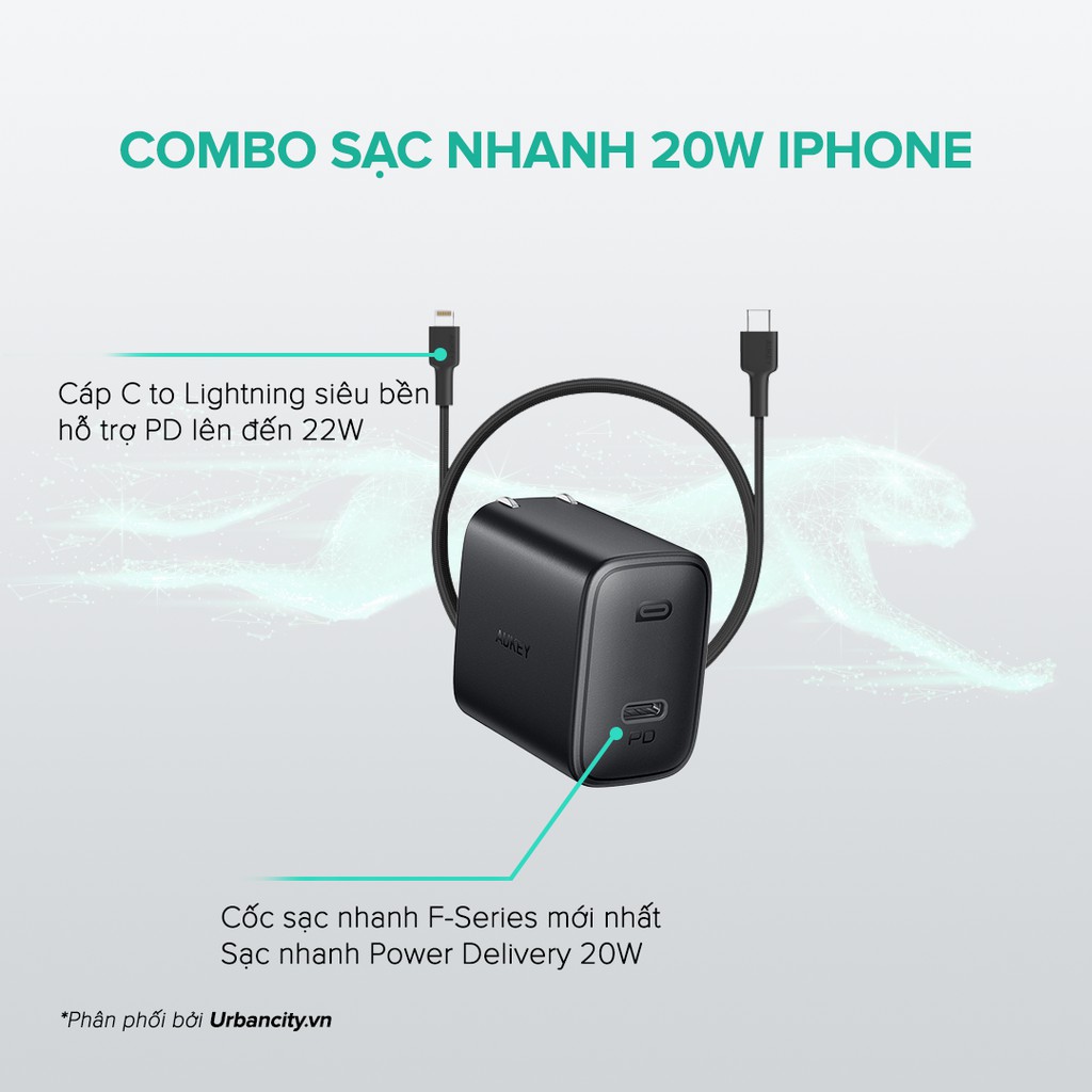 Combo Aukey Cốc Sạc Nhanh PA-F1S Type C 20W + Cáp C To Lightning Siêu Bền CB-CL - Hàng Chính Hãng