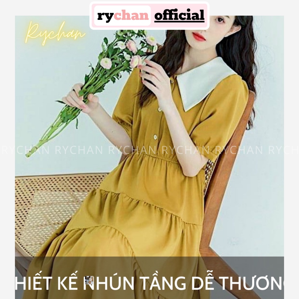 Đầm Midi Xòe Nhún Tầng Màu Vàng Cổ Lá Cột Eo - DX0150
