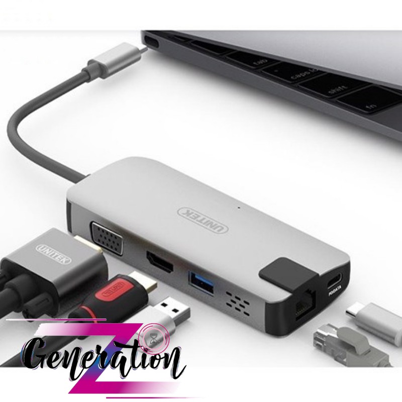 CÁP CHUYỂN TYPE-C RA HDMI+VGA+LAN UNITEK Y-DK09016 - USB 3.1 Type-C Multi-Port Hub with Power Delivery