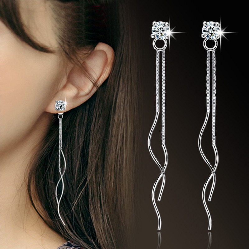 AIFEI♥ Silver 925 Original Temperament Long Ear Line Women's Personalized Simple Tassel Four-Claw Ear Studs Corrugated Zircon Earrings Japanese and Korean Style Ear Chain-S1