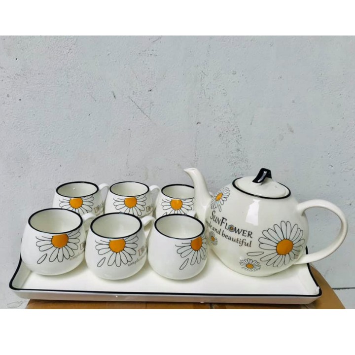 Bộ ấm trà sứ 💥HÀN QUỐC💥 1 ấm 6 chén 6 đĩa 1 khay sứ - Cao Cấp bày bàn dễ vệ sinh ♥ HOÀN XU ♥