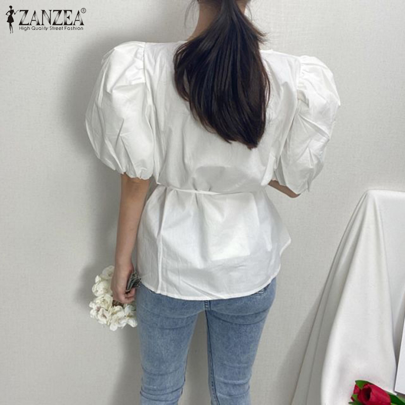 Áo ZANZEA Tay Ngắn Ống Phồng Màu Trơn Cổ Tròn Dáng Rộng Xếp Ly Phối Dây Buộc Cho Nữ | BigBuy360 - bigbuy360.vn