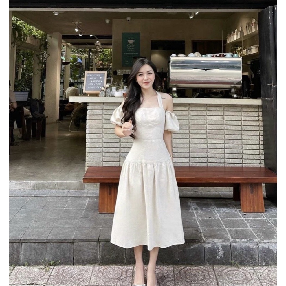 Đầm maxi xám trắng tay bồng ,đầm tay ngắn trễ vai mặc đi chơi